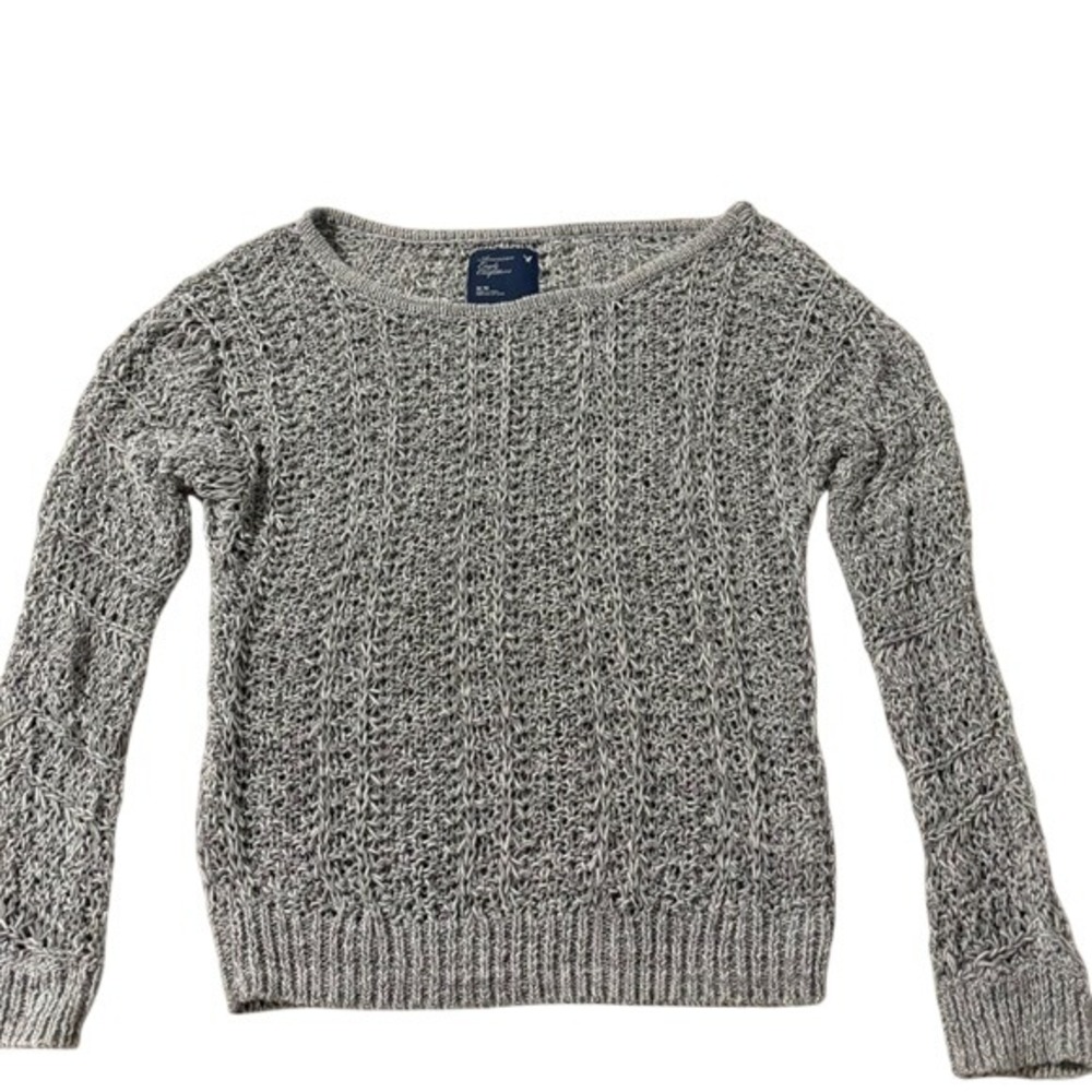 American Eagle Outfitters Gray White Open Knitβ Sweater Scoop Neck Medium 6710